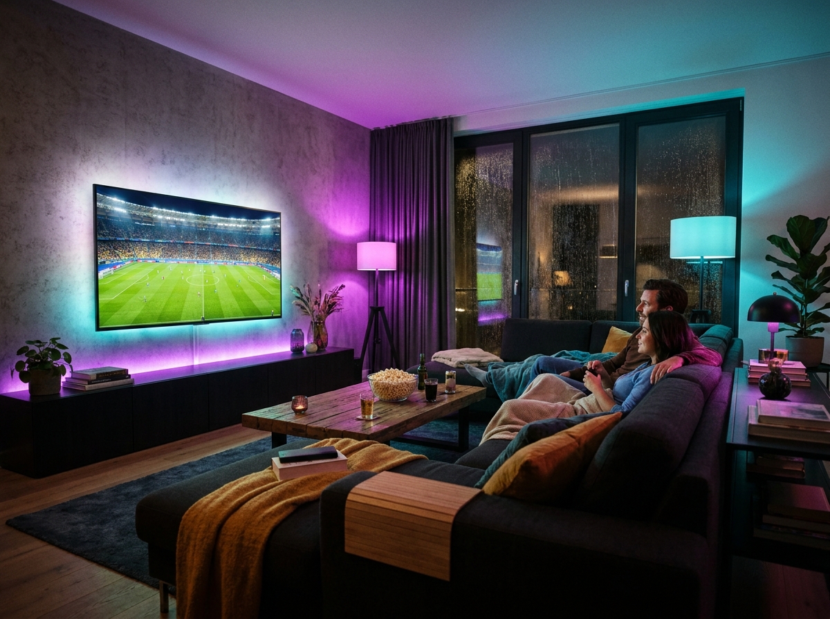 People watching a football match on a large TV at home