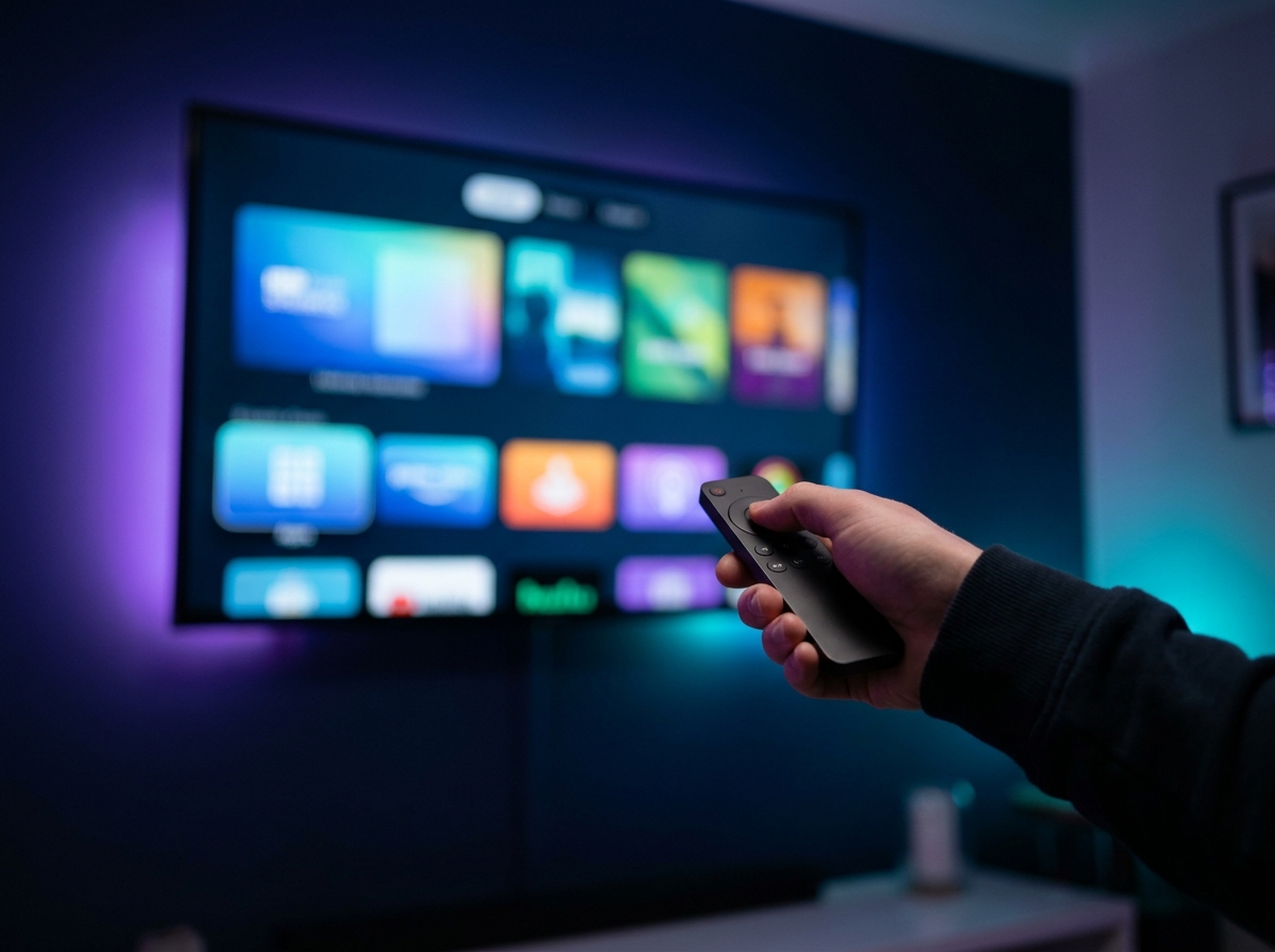 Person holding a TV remote in front of a streaming interface