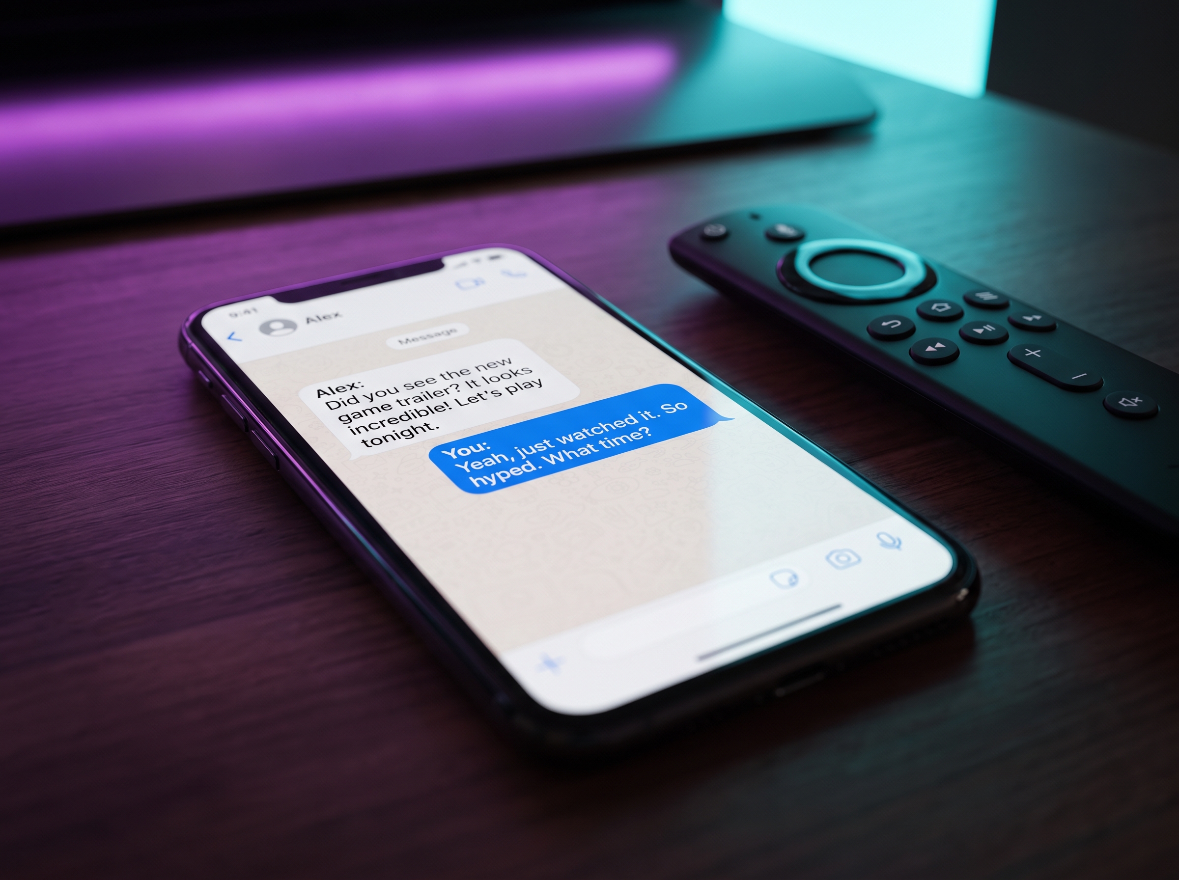 Smartphone showing a chat message next to a TV remote control