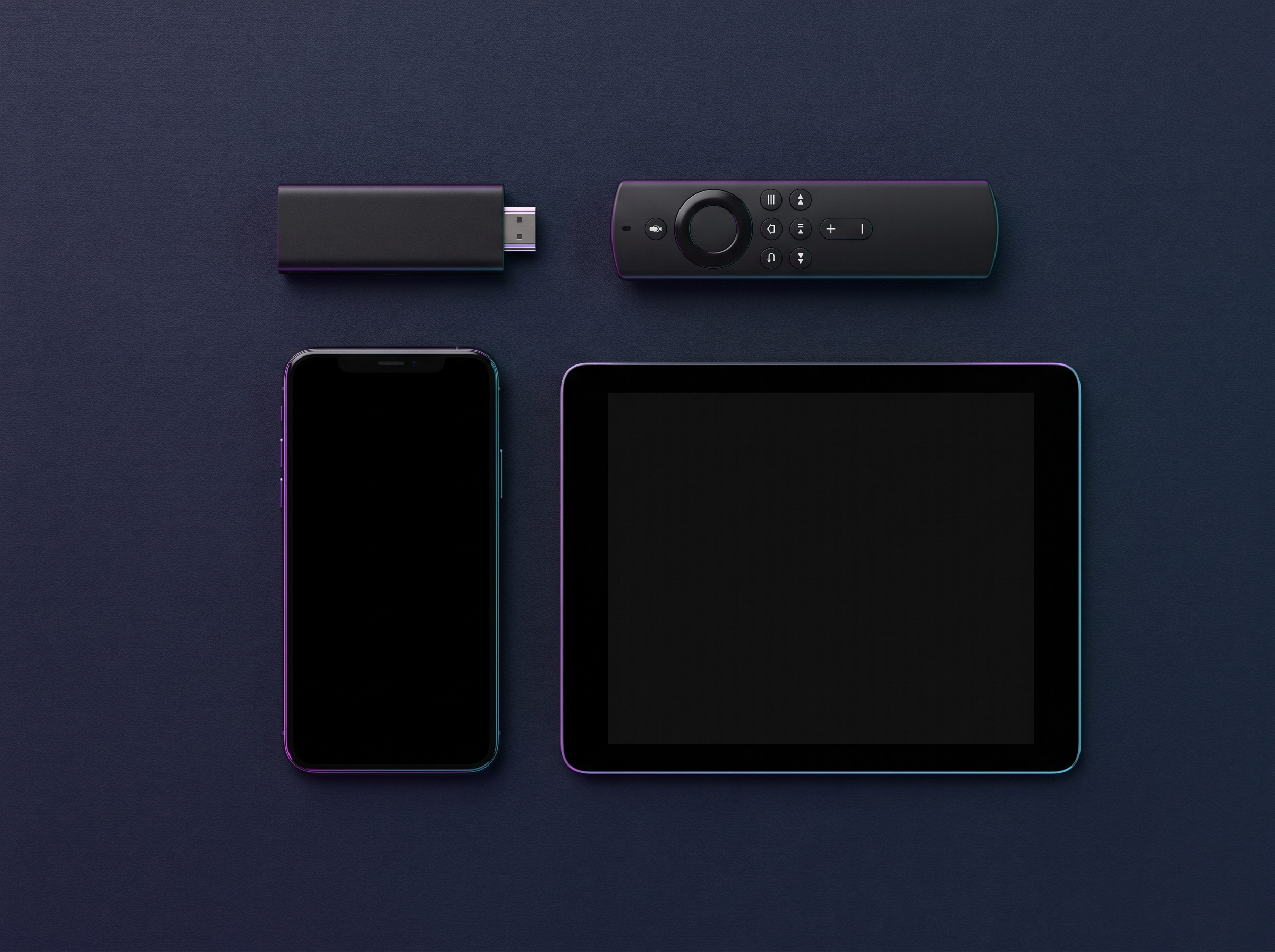 Streaming stick, remote control, phone and tablet arranged on a dark background
