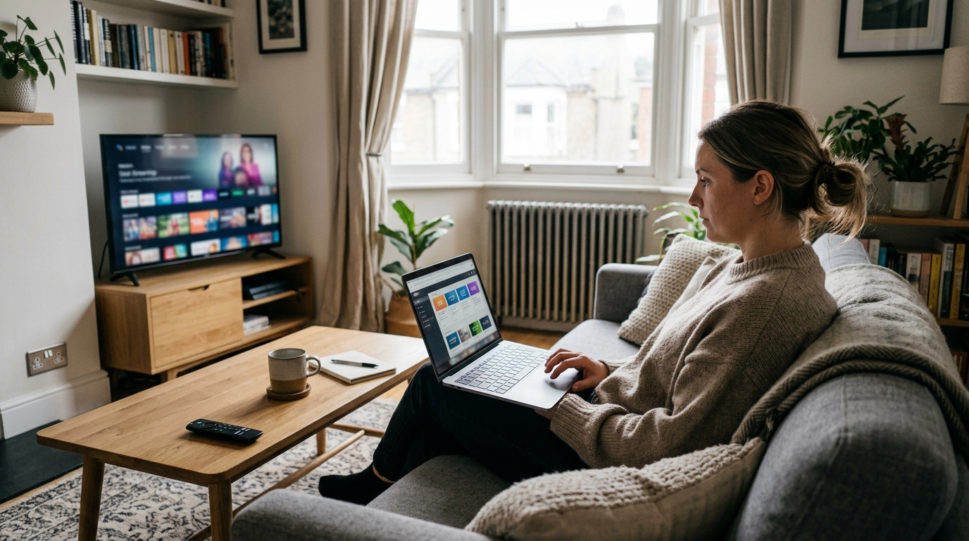 iptv providers in uk: comparing IPTV provider options on a laptop with Firestick remote